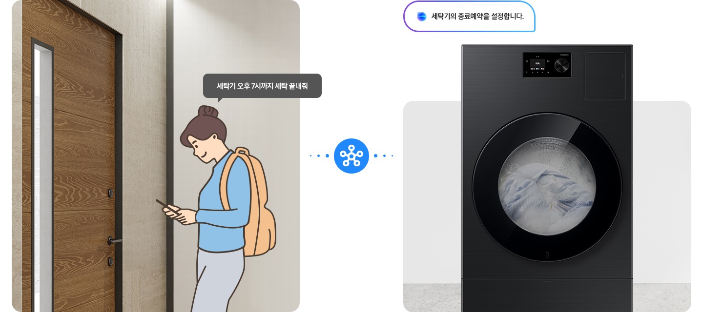 세탁기와 건조기 두 대를 설치할 필요 없이, Bespoke AI 콤보 한 대만 설치하여 공간을 절약할 수 있습니다. 외출/취침 전 AI 콤보에 맡겨놓으면 코스 완료 후 보송한 세탁물을 개기만 하면 되니까 삶의 질이 달라집니다. 문구 하단에는 이미지가 연출되어 있습니다. 일러스트로 그려진 여성이 문 앞에서 휴대폰을 보며 '세탁기 오후 7시까지 세탁 끝내줘' 라고 말하는 연출 이미지 입니다. 스마트싱스 로고가 있고 세탁기에서 '세탁기의 종료예약을 설정합니다.' 라는 음성 안내가 나오는 연출 이미지 입니다.