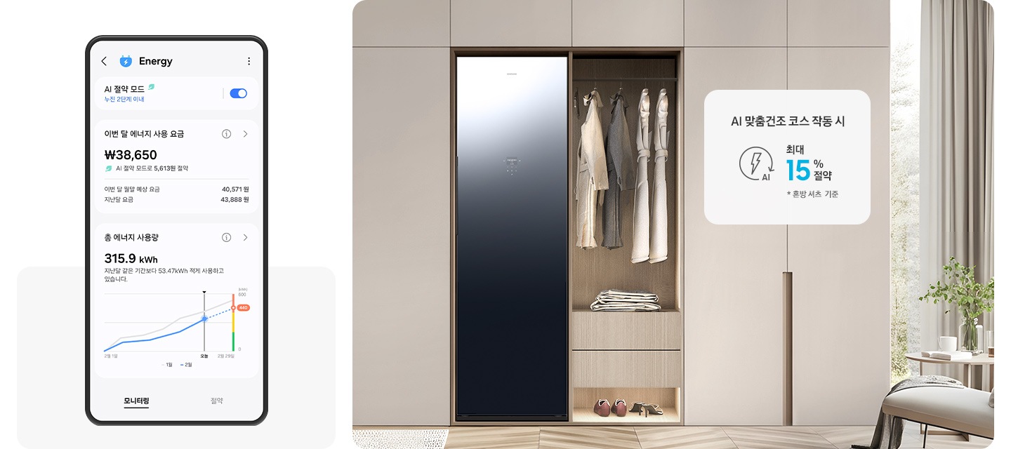 SmartThings 앱 Energy 화면으로 AI 절약 모드가 켜져 있고 이번 달 에너지 사용 요금과 총 에너지 사용량이 나와 있는 UI 화면입니다. 베이지색 붙박이장에 에어드레서가 설치되어 있고 우측 행거에 코트 등 다양한 옷가지가 걸려있습니다. 아래에는 신발이 놓여있고 붙박이장 옆으로 작은 테이블과 창이 있는 연출된 이미지입니다.