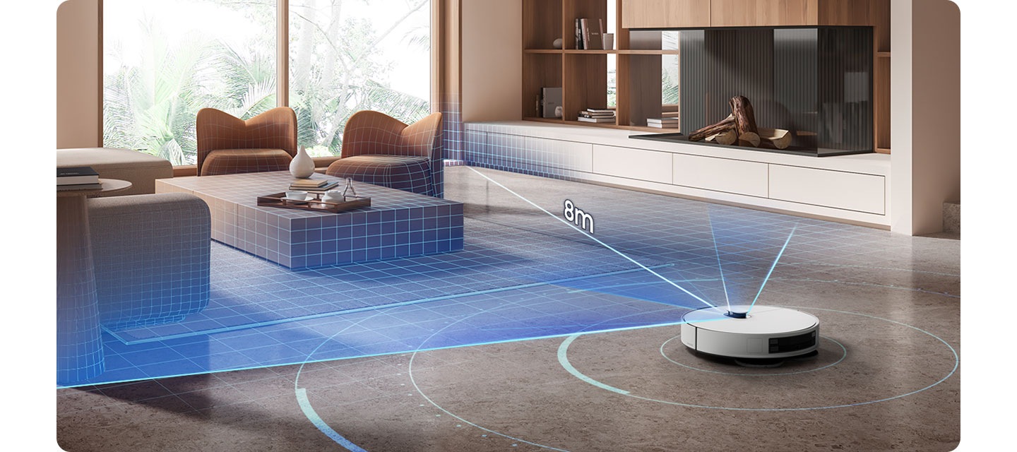 어두운 회색 바닥과 우드톤의 거실을 배경으로 이미지 왼쪽 부분에는 우드로 제작된 동그랗고 높은 사이드 테이블이 놓여 있고 테이블 위에는 책 2권이 올려져 있으며 그 옆으로 소파의 옆모습이 노출되고 있습니다. 소파 앞에는 우드로 제작된 테이블이 놓여 있고 테이블 위에는 도자기 장식과 우드 쟁반 위에 컵이 놓여 있습니다. 캬라멜 색상의 1인용 소파 2개가 테이블 주위로 배치되어 있으며, 왼쪽에 있는 1인용 소파 뒤에는 큰 거실 창이 있고 오른쪽 부분에 있는 1인용 소파의 뒤에는 TV와 책이 조금 꽂혀 있는 책장이 있으며, 이미지 오른쪽 하단 부분에 Bespoke AI 스팀 플러스의 뒷모습과 함께 dToF LIDAR 주행 센서를 사용하여 최대 8m 이내의 물체를 감지하는 모습을 알려주는 이미지가 있습니다. dToF LIDAR 주행 센서에서 파란색 빛이 나가는 모습과  빛 위에 8m 텍스트가 쓰여 있으며 스팀 주위로 연한 파란색 동그라미가 있습니다.