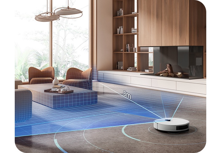 어두운 회색 바닥과 우드톤의 거실을 배경으로 이미지 왼쪽 부분에는 우드로 제작된 동그랗고 높은 사이드 테이블이 놓여 있고 테이블 위에는 책 2권이 올려져 있으며 그 옆으로 소파의 옆모습이 노출되고 있습니다. 소파 앞에는 우드로 제작된 테이블이 놓여 있고 테이블 위에는 도자기 장식과 우드 쟁반 위에 컵이 놓여 있습니다. 캬라멜 색상의 1인용 소파 2개가 테이블 주위로 배치되어 있으며, 왼쪽에 있는 1인용 소파 뒤에는 큰 거실 창이 있고 오른쪽 부분에 있는 1인용 소파의 뒤에는 TV와 책이 조금 꽂혀 있는 책장이 있으며, 이미지 오른쪽 하단 부분에 Bespoke AI 스팀 플러스의 뒷모습과 함께 dToF LIDAR 주행 센서를 사용하여 최대 8m 이내의 물체를 감지하는 모습을 알려주는 이미지가 있습니다. dToF LIDAR 주행 센서에서 파란색 빛이 나가는 모습과  빛 위에 8m 텍스트가 쓰여 있으며 스팀 주위로 연한 파란색 동그라미가 있습니다.