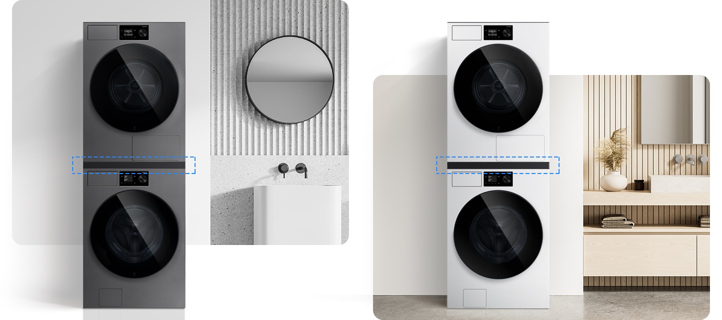 좌측에는 다크스틸 제품이 직렬되어있습니다. 설치키트 부분 파란색 포인트 점선으로 포인트줬습니다. 제품 옆에는 욕실 연상 시키는 거울과 세면대있습니다. 우측에는 화이트 제품이 직렬되어있습니다. 설치키트 부분 파란색 포인트 점선으로 포인트줬습니다.  제품 옆에는 우드톤 세면대 있습니다.