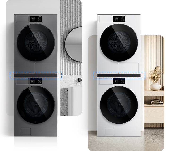 좌측에는 다크스틸 제품이 직렬되어있습니다. 설치키트 부분 파란색 포인트 점선으로 포인트줬습니다. 제품 옆에는 욕실 연상 시키는 거울과 세면대있습니다. 우측에는 화이트 제품이 직렬되어있습니다. 설치키트 부분 파란색 포인트 점선으로 포인트줬습니다.  제품 옆에는 우드톤 세면대 있습니다.