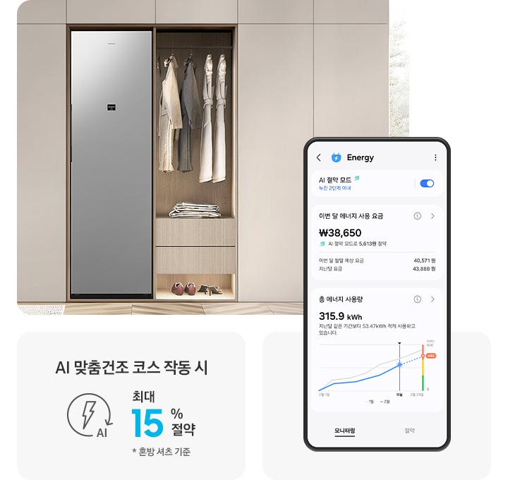 SmartThings 앱 Energy 화면으로 AI 절약 모드가 켜져 있고 이번 달 에너지 사용 요금과 총 에너지 사용량이 나와 있는 UI 화면입니다. 베이지색 붙박이장에 에어드레서가 설치되어 있고 우측 행거에 코트 등 다양한 옷가지가 걸려있습니다. 아래에는 신발이 놓여있고 붙박이장 옆으로 작은 테이블과 창이 있는 연출된 이미지입니다.