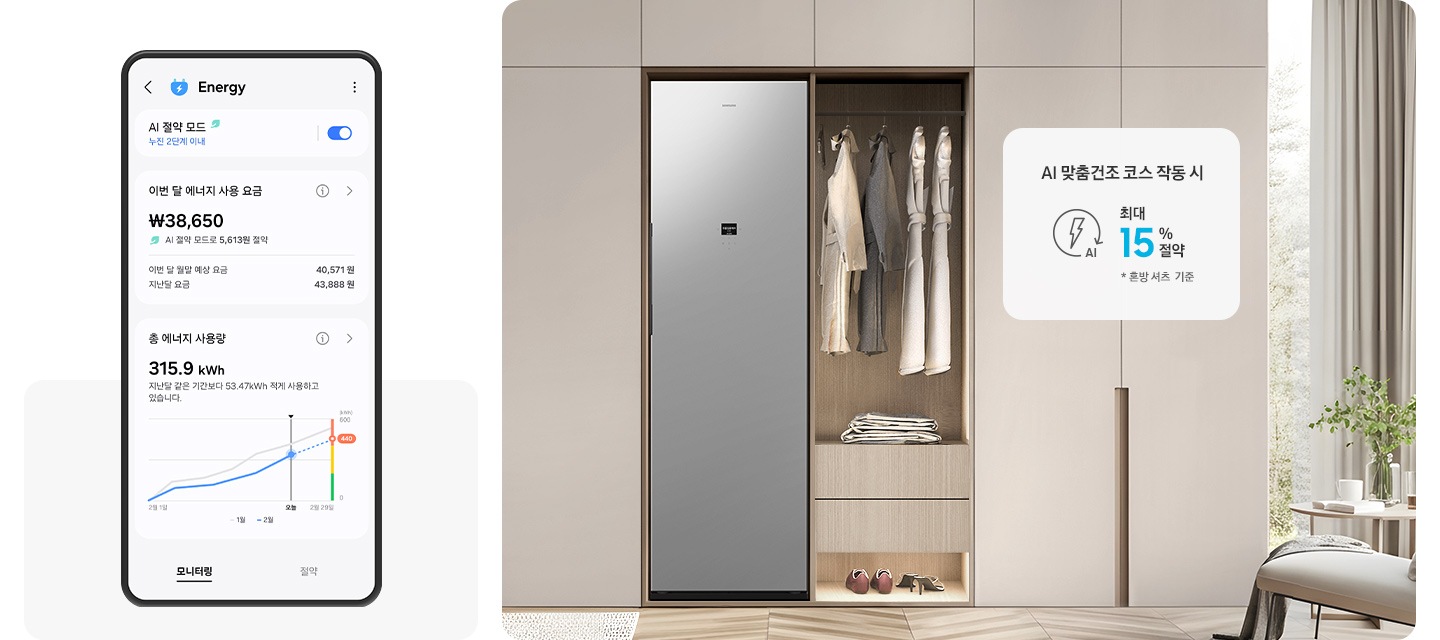 SmartThings 앱 Energy 화면으로 AI 절약 모드가 켜져 있고 이번 달 에너지 사용 요금과 총 에너지 사용량이 나와 있는 UI 화면입니다. 베이지색 붙박이장에 에어드레서가 설치되어 있고 우측 행거에 코트 등 다양한 옷가지가 걸려있습니다. 아래에는 신발이 놓여있고 붙박이장 옆으로 작은 테이블과 창이 있는 연출된 이미지입니다.