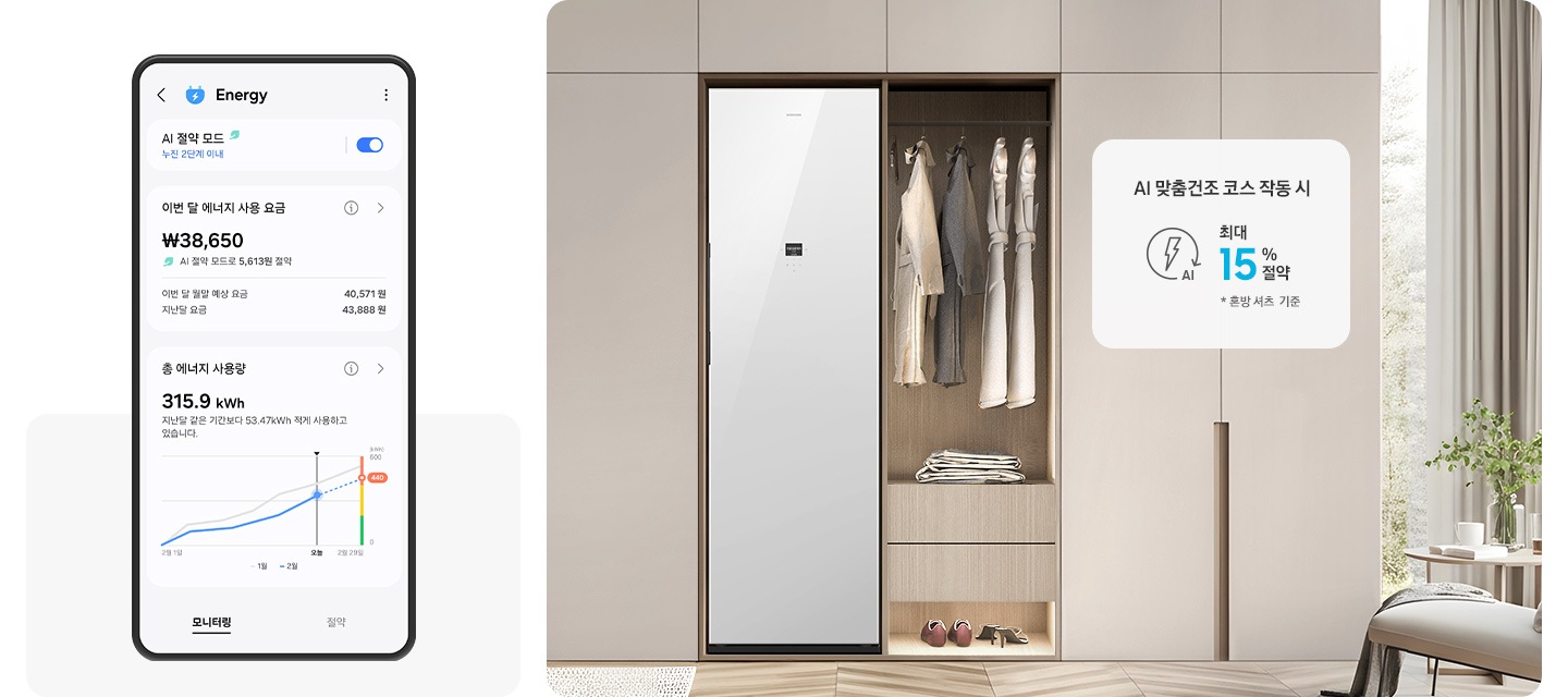SmartThings 앱 Energy 화면으로 AI 절약 모드가 켜져 있고 이번 달 에너지 사용 요금과 총 에너지 사용량이 나와 있는 UI 화면입니다. 베이지색 붙박이장에 에어드레서가 설치되어 있고 우측 행거에 코트 등 다양한 옷가지가 걸려있습니다. 아래에는 신발이 놓여있고 붙박이장 옆으로 작은 테이블과 창이 있는 연출된 이미지입니다.