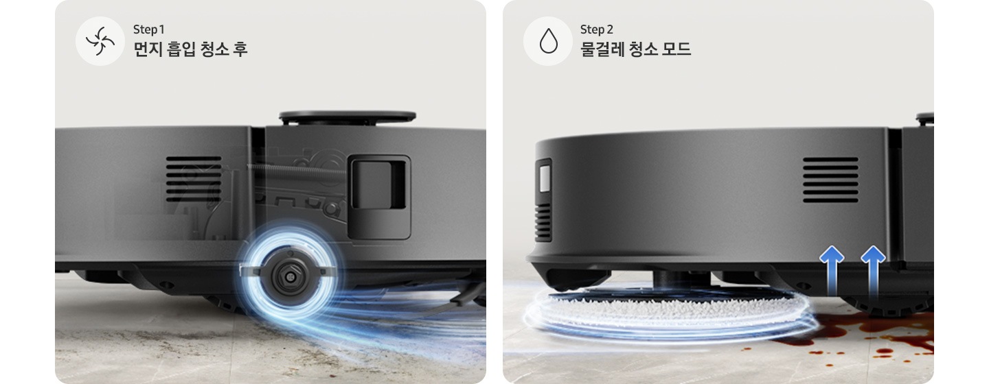 상단 부분에 이미지의 경우 브라운 색상과 연한 회색이 섞인 대리석 바닥에 Bespoke AI 스팀 플러스의 옆모습이 놓여 있으며 Bespoke AI 스팀 플러스 앞부분의 브러시가 청소하고 있는 이미지입니다. 브러시가 푸른빛으로 된 선으로 감싸져 있어 돌아가고 있는 모습을 표현하고 있으며, 왼쪽 하단 부분에는 중간으로 빨려 들어가는 화살표 아이콘과 Step 1 먼지 흡입 청소 후 텍스트가 쓰여 있습니다. 하단 부분에 이미지의 경우 브라운 색상과 연한 회색이 섞인 대리석 바닥에 Bespoke AI 스팀 플러스의 옆모습이 놓여 있으며 Bespoke AI 스팀 플러스 뒷부분의 물걸레가 청소하고 있는 이미지입니다. 물걸레가 푸른빛으로 된 선으로 감싸져 있어 돌아가고 있는 모습을 표현하고 있으며, 왼쪽 하단 부분에는 물방물 아이콘과 Step 2 물걸레 청소 모드 텍스트가 쓰여있습니다.