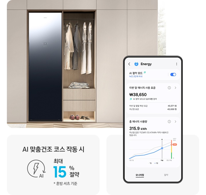 SmartThings 앱 Energy 화면으로 AI 절약 모드가 켜져 있고 이번 달 에너지 사용 요금과 총 에너지 사용량이 나와 있는 UI 화면입니다. 베이지색 붙박이장에 에어드레서가 설치되어 있고 우측 행거에 코트 등 다양한 옷가지가 걸려있습니다. 아래에는 신발이 놓여있고 붙박이장 옆으로 작은 테이블과 창이 있는 연출된 이미지입니다.