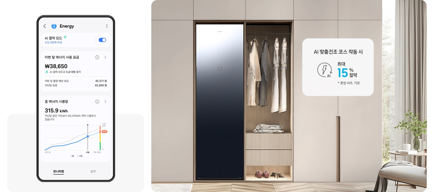 SmartThings 앱 Energy 화면으로 AI 절약 모드가 켜져 있고 이번 달 에너지 사용 요금과 총 에너지 사용량이 나와 있는 UI 화면입니다. 베이지색 붙박이장에 에어드레서가 설치되어 있고 우측 행거에 코트 등 다양한 옷가지가 걸려있습니다. 아래에는 신발이 놓여있고 붙박이장 옆으로 작은 테이블과 창이 있는 연출된 이미지입니다.