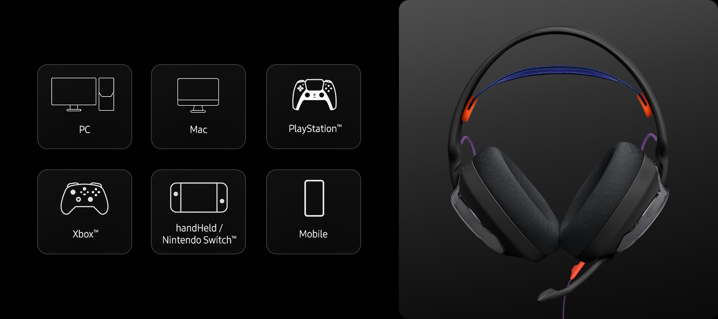 PC, Mac, PlayStation, Xbox, Nintendo Switch, Mobile의 아이콘과 헤드폰의 정면 이미지가 있습니다.