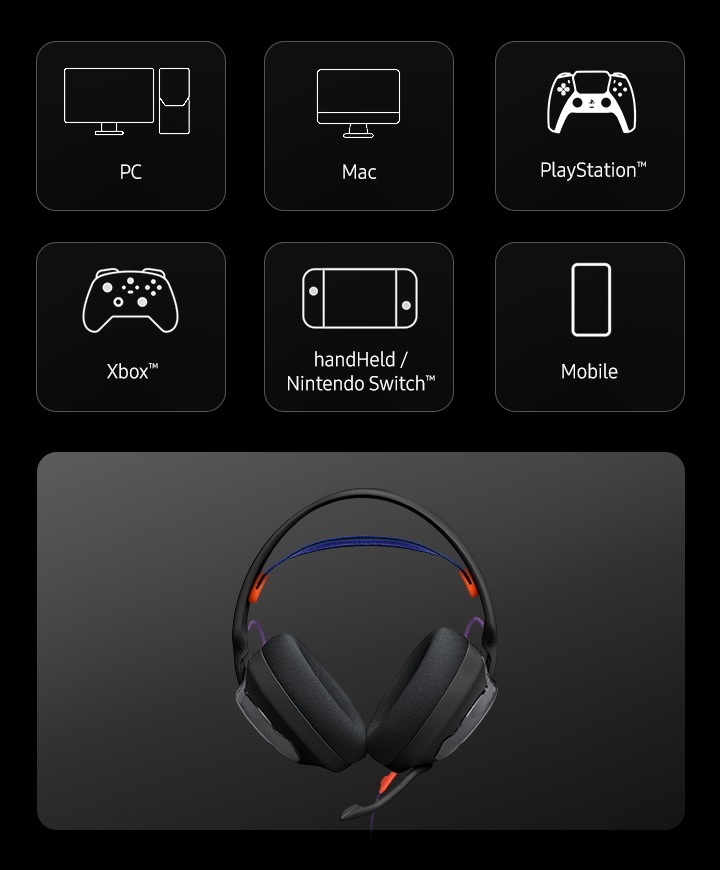 PC, Mac, PlayStation, Xbox, Nintendo Switch, Mobile의 아이콘과 헤드폰의 정면 이미지가 있습니다.