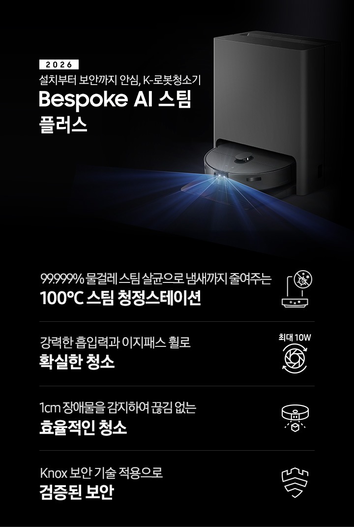 검은색 배경에 이미지 오른쪽 부분에는 Bespoke AI 스팀 플러스가 왼쪽으로 40도 정도 돌아간 정면 이미지가 보이고 스팀 센서 부분에서 빛줄기가 퍼져 나오고 있습니다. 스팀 왼쪽 부분에는 2025 Bespoke AI 스팀 플러스 텍스트가 적혀 있습니다. 이미지 하단 부분에는 4가지의 특장점이 아이콘으로 설명되어 있으며, 첫 번째로 스팀 청정스테이션 정면 아이콘과 상단 부분 동그라미 내분에 세균에 줄이 그어져 있는 아이콘이 겹쳐져 보이고 아이콘 하단에 99.999% 물걸레 스팀 살균으로 냄새까지 줄여주는 100°C&nbsp;스팀 청정스테이션 텍스트가 쓰여 있습니다. 두 번째로는 모터 아이콘과 상단 부분에 최대 10W 텍스트가 쓰여 있으며, 하단 부분에는 강력한 흡입력과 이지패스 휠로 확실한 청소 텍스트가 쓰여 있습니다. 세 번째로는 Bespoke AI 스팀 플러스를 정면 상단에서 내려본 아이콘과 스팀 앞부분에서 점선이 부채꼴 모양으로 커지며, 작은 정육면체를 감지하는 모습을 표현하고 있습니다. 아이콘 하단 부분에는 1cm 장애물을 감지하여 끊김 없는 효율적인 청소 텍스트가 쓰여 있습니다. 마지막으로는 Knox 보안 아이콘과 하단에 Knox 보안 기술 적용으로 검증된 보안 텍스트가 쓰여 있습니다.