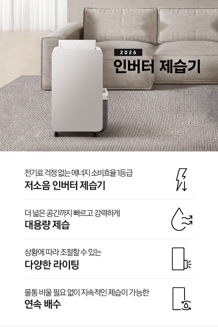 베이지 톤의 아늑한 느낌의 거실을 배경으로 이미지 중간 부분에는 약간 왼쪽으로 치우쳐 놓여있는 인버터 제습기 정면 모습이 있고, 바닥에는 진한 베이지 색상의 카펫이 깔려 있습니다. 제습기 뒤쪽으로는 코듀로이 소재로 된 소파가 있습니다. 소파 앞에는 우드로 된 테이블이 놓여있고, 테이블 오른쪽 위에는 펼쳐진 책 일부분이 자리 잡고 있습니다. 이미지 하단 부분에는 특장점 4가지가 차례로 왼쪽에서 오른쪽으로 나열되어 있습니다. 첫 번째는 번개 아이콘 오른쪽 아랫부분에 아래를 가리키는 화살표 아이콘과 아이콘 하단에 전기료 걱정 없는 에너지 소비효율 1등급 저소음 인버터 제습기 텍스트가 쓰여 있습니다. 두 번째로는 물방울 아이콘과 밖으로 물결치는 화살표 아이콘과 아이콘 하단에 더 넓은 공간까지 빠르고 강력하게 대용량 제습 텍스트가 쓰여 있습니다. 세 번째로는 제습기 정면 아이콘에 물통 부분에 3개의 선으로 빛이 들어오는 것을 알려주는 아이콘과 아이콘 하단에 상황에 따라 조절할 수 있는 다양한 라이팅 텍스트가 쓰여 있습니다. 마지막으로는 제습기 정면 아이콘 오른쪽 아랫부분에 물방울 아이콘 위, 아래로 안쪽으로 향하는 화살표와 바깥쪽으로 향하는 화살표 아이콘과 아이콘 하단에 물통 비울 필요 없이 지속적인 제습기 가능한 연속 배수 텍스트가 쓰여 있습니다.