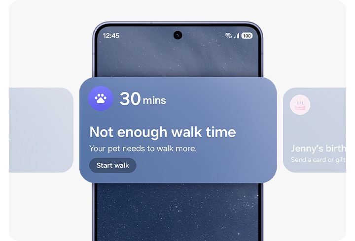 갤럭시 S26 울트라 화면에 Now Brief의 2가지 위젯이 표시되어 있습니다. 하나는 반려 동물이 충분한 산책 시간을 갖지 못했음을 알려주고, 다른 하나는 누군가의 생일임을 알려줍니다.