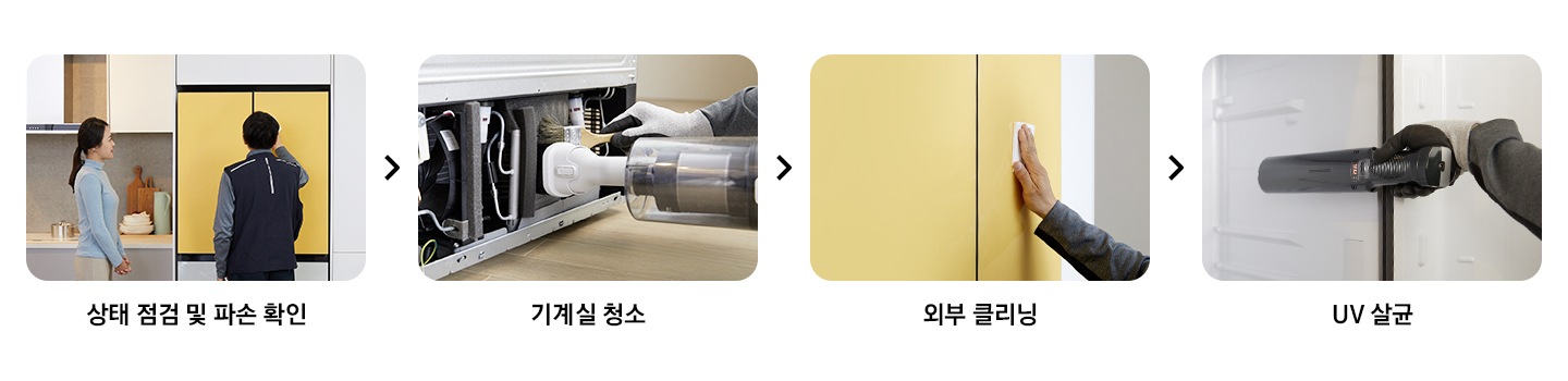 삼성케어플러스 냉장고 전문세척 과정 순서를 설명하는 이미지입니다. 냉장고 상태 점검 및 파손 확인을 나타내는 이미지와 텍스트가 보여집니다. 기계실 청소 모습의 이미지와 텍스트가 보여집니다. 외부 클리닝 모습의 이미지와 텍스트가 보여집니다. UV살균 모습의 이미지와 텍스트가 보여집니다.