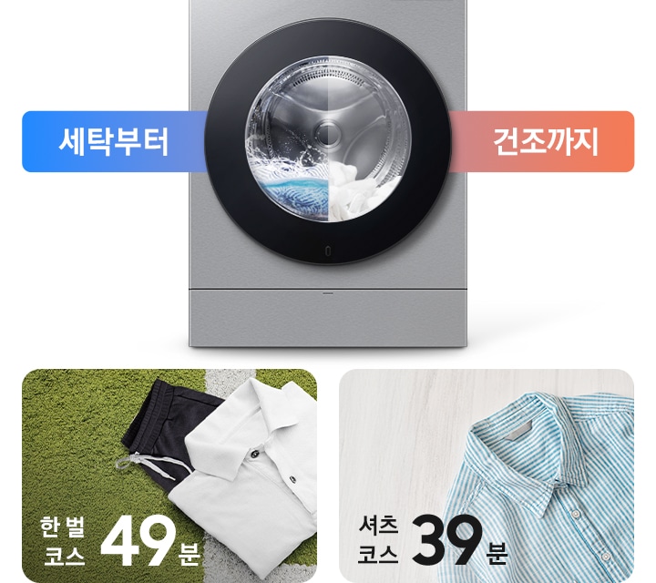 세탁부터 건조까지. AI 콤보 제품이미지 내부에 세탁과 건조가 반반 나뉘어 작동하는 연출된 이미지 입니다. 잔디밭 위에 셔츠와 바지가 잘 개어져 놓여있고 한 벌 코스 49분이라는 문구가 나와있습니다. 마루바닥에 스트라이프 셔츠가 놓여있고 셔츠 코스 39분이라는 문구가 나와있습니다.