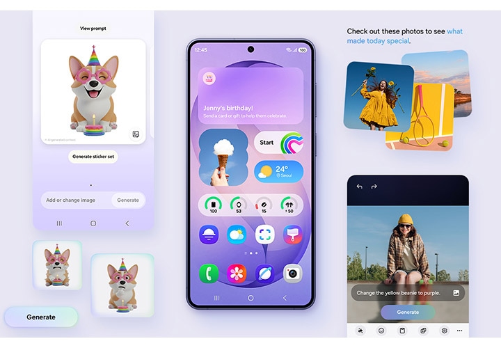 갤럭시 S26+가 메인 디스플레이를 드러내고 있습니다. 사용자의 필요와 습관에 맞춰 더욱 개인화된 기능들이 기기 옆에 배치되어 있습니다. 크리에이티브 스튜디오, 포토 어시스트 등이 포함되어 있습니다.