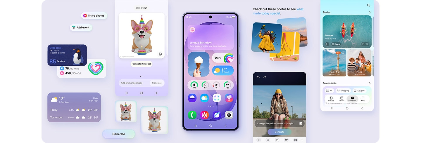갤럭시 S26+가 메인 디스플레이를 드러내고 있습니다. 사용자의 필요와 습관에 맞춰 더욱 개인화된 기능들이 기기 옆에 배치되어 있습니다. 크리에이티브 스튜디오, 포토 어시스트 등이 포함되어 있습니다.