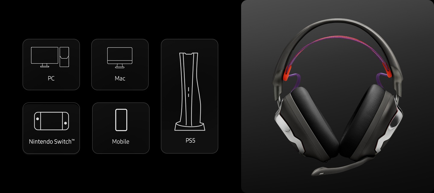 PC, Mac, PlayStation, Nintendo Switch, Mobile의 아이콘과 헤드폰의 정면 이미지가 있습니다.