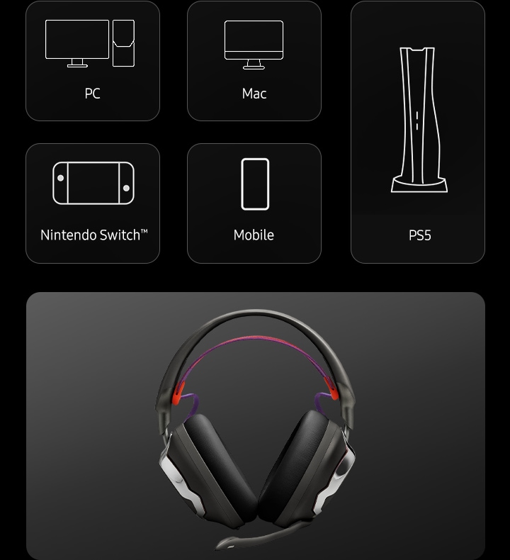 PC, Mac, PlayStation, Nintendo Switch, Mobile의 아이콘과 헤드폰의 정면 이미지가 있습니다.
