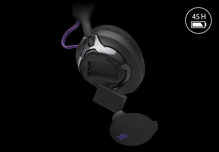 충전식 배터리가 헤드폰과 분리되어 있습니다.