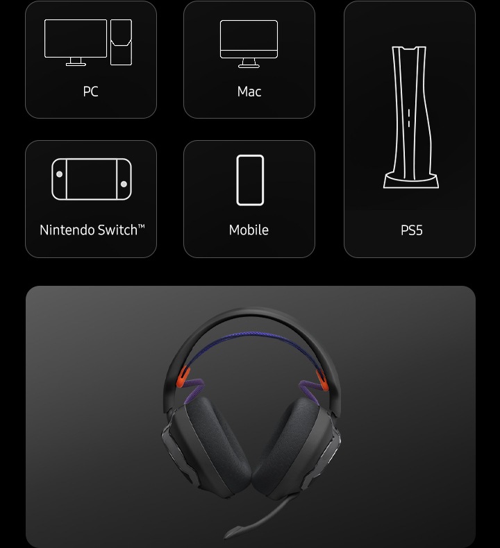 PC, Mac, PlayStation, Nintendo Switch, Mobile의 아이콘과 헤드폰의 정면 이미지가 있습니다.