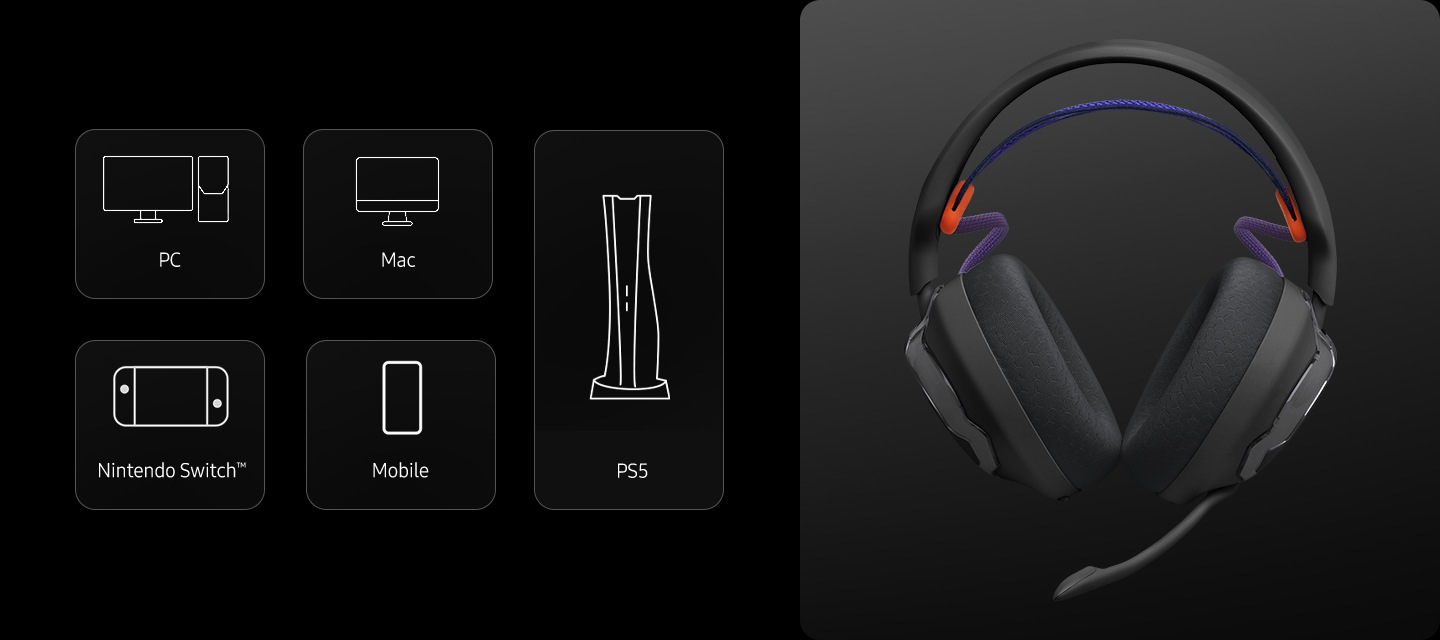 PC, Mac, PlayStation, Nintendo Switch, Mobile의 아이콘과 헤드폰의 정면 이미지가 있습니다.