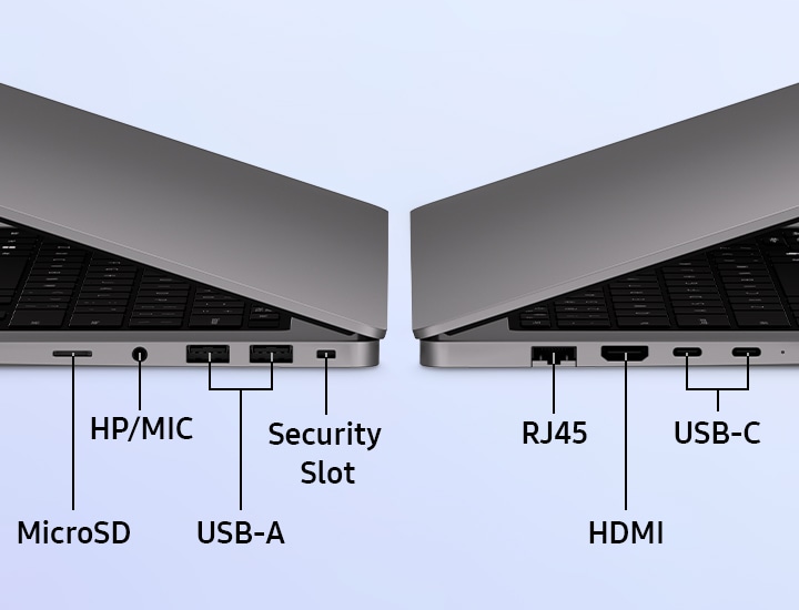 갤럭시 북6 두 대가 있고 각각 살짝 열린 상태로 좌우 측면의 포트 구성을 나타낸 모습입니다. 포트에는 MicroSD, HP/MIC, USB-A, 보안 슬롯, RJ45, HDMI, 그리고 두 개의 USB-C 포트가 표시되어 있으며, 액세서리, 디스플레이, 빠른 데이터 전송을 위한 다양한 연결 옵션을 강조하고 있습니다.