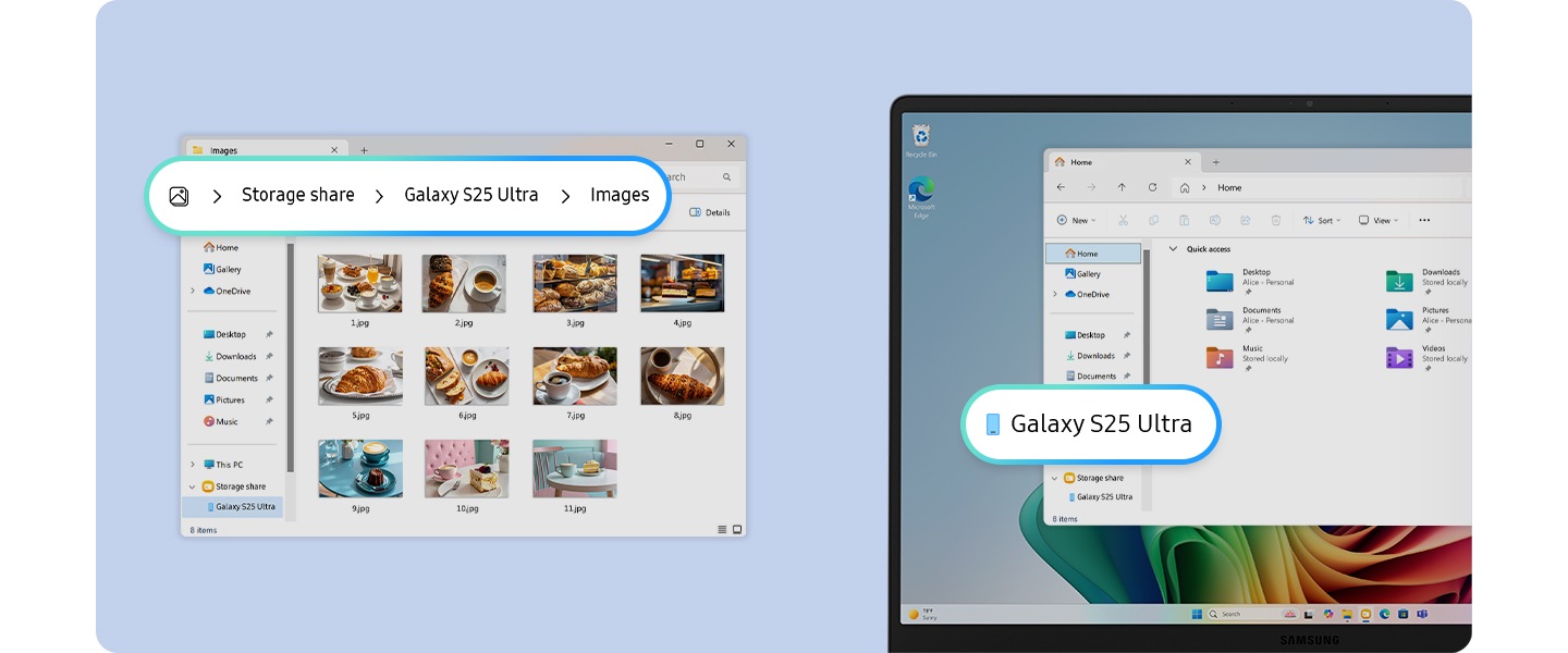 왼쪽 이미지에는 갤럭시 S25 울트라가 전면을 향해 나타나며, 갤럭시 북6 프로에서 휴대폰 기기로 스토리지 이동이 가능한 상태를 표시합니다. 오른쪽 이미지에는 갤럭시 북6 프로가 열린 채 나타나고, 갤럭시 S25 울트라와 함께 저장 공간이 공유되는 화면을 함께 표시하여 기기 간의 파일 접근이 용이한 특장점을 강조합니다.