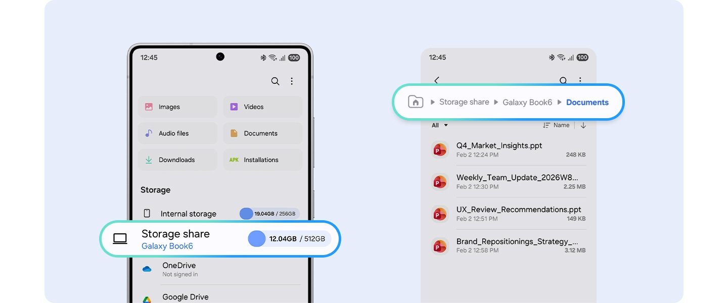 왼쪽 이미지에는 갤럭시 북6 프로에 있는 이미지 폴더 내 썸네일들이 표시됩니다.  오른쪽 이미지에는 갤럭시 S25 울트라가 전면을 향해 나타납니다. 화면에는 갤럭시 S25 울트라에 접근하는 경로를 표시하여 기기 간의 파일 접근이 용이한 특장점을 강조합니다.