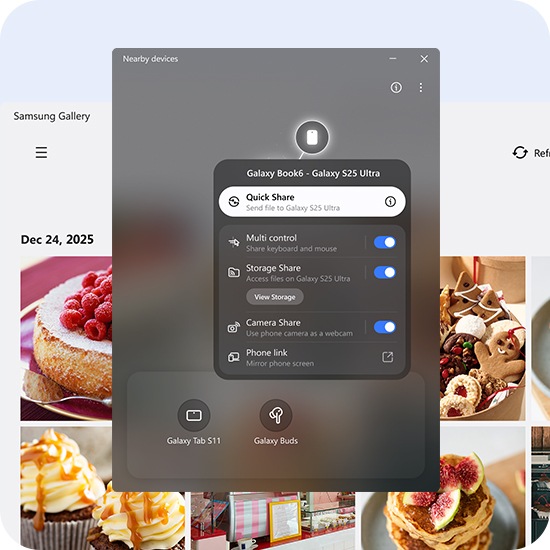 갤럭시 북6 프로에서 삼성 갤러리 앱을 열면 기기에 있던 사진 목록이 그대로 표시됩니다. 주변 기기 연결 기능을 통해 갤럭시 S25 울트라와 연결된 상태를 나타냅니다. 두 기기 간의 간편한 사진 전송을 위해 퀵 쉐어가 사용됩니다.