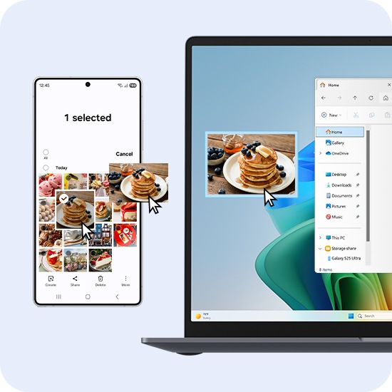 갤럭시 S25 울트라에서 선택한 이미지가 멀티 컨트롤을 통해 갤럭시 북6 프로 폴더에 복사되어 두 기기에 동일하게 표시됩니다.