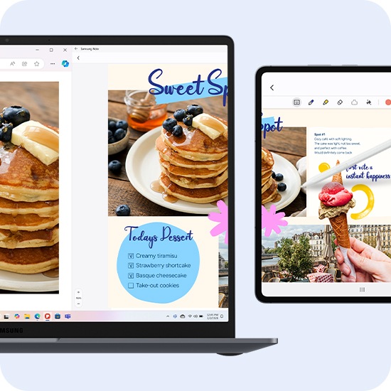 갤럭시 북6 프로 화면에 웹 페이지와 삼성 노트 앱이 나란히 열려있습니다. 웹 페이지에는 사진 이미지가 표시되고, 삼성 노트 앱에는 사진에 영감을 받은 듯한 그림 이미지가 표시됩니다. 그림 이미지는 바로 옆에 놓인 가로 모드의 갤럭시 탭 S11에 디스플레이 확장을 통해 마치 하나의 그림인듯 연결되어 나타납니다. 이 설정은 세컨드 스크린을 이용한 듀얼 모니터 경험을 강조합니다.