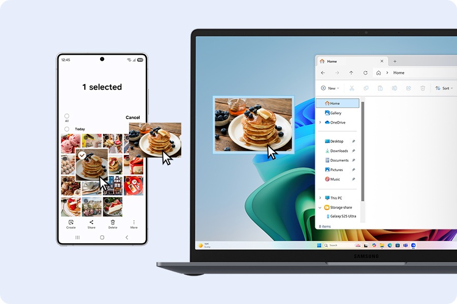 갤럭시 S25 울트라에서 선택한 이미지가 멀티 컨트롤을 통해 갤럭시 북6 프로 폴더에 복사되어 두 기기에 동일하게 표시됩니다.