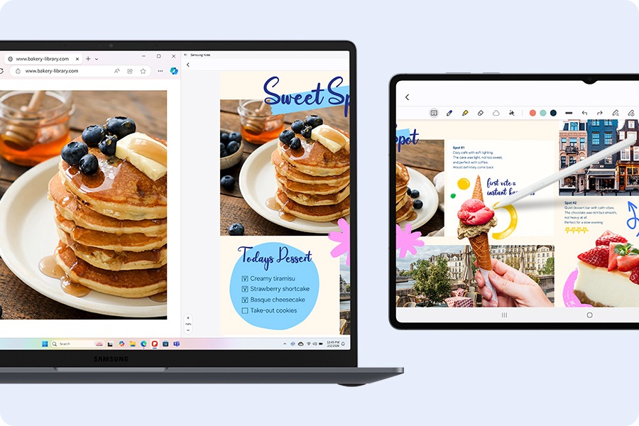 갤럭시 북6 프로 화면에 웹 페이지와 삼성 노트 앱이 나란히 열려있습니다. 웹 페이지에는 사진 이미지가 표시되고, 삼성 노트 앱에는 사진에 영감을 받은 듯한 그림 이미지가 표시됩니다. 그림 이미지는 바로 옆에 놓인 가로 모드의 갤럭시 탭 S11에 디스플레이 확장을 통해 마치 하나의 그림인듯 연결되어 나타납니다. 이 설정은 세컨드 스크린을 이용한 듀얼 모니터 경험을 강조합니다.