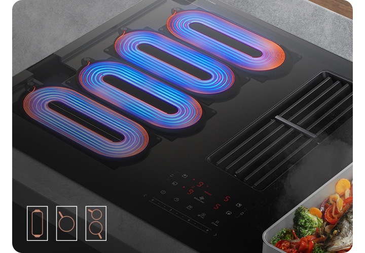 회색 상판과 설치된 Infinite Line 후드일체형 인덕션을 확대한 이미지와 인덕션의 왼쪽 부분에는 내부에 설치되어 있어 보이지 않는 촘촘하게 엮인 코일을 시각화하여 설치된 위치를 알려주고 있고 인덕션 오른쪽 부분에는 넓은 사각 팬 위에 온갖 채소와 생선이 조리되고 있는 모습이 있습니다. 이미지 왼쪽 하단 부분에는 플렉스존을 어떻게 사용할 수 있는지 아이콘으로 그려 알려주고 있습니다. 각각 사각 팬과 넓은 프라이팬, 다른 크기의 냄비 2개가 차례로 플렉스존 위에 올려있는 모습이 그려져 있습니다.