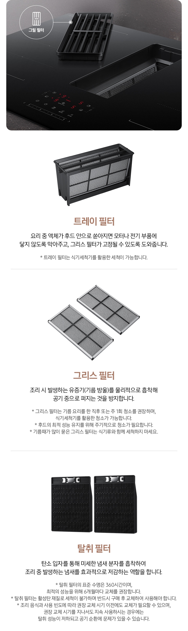 이미지 왼쪽 부분에는 Infinite Line 후드일체형 인덕션의 후드 그릴이 열려 있는 모습이 있고 이미지 오른쪽 부분에는 3개의 필터의 이름과 하는 역할을 설명하고 있습니다. 첫 번째는 트레이 필터 이미지와 오른쪽 부분에 트레이 필터 요리 중 액체가 후드 안으로 쏟아지면 모터나 전기 부품에 닿지 않도록 막아주고, 그리스 필터가 고정될 수 있도록 도와줍니다. * 트레이 필터는 식기세척기를 활용한 세척이 가능합니다. 텍스트가 쓰여 있습니다. 두 번째로는 그리스 필터 이미지와 오른쪽 부분에 요리 중 발생하는 기름 연기나 입자를 포집하여 공기 중으로 퍼지는 것을 방지합니다. * 그리스 필터는 기름 요리를 한 직후 또는 주 1회 청소를 권장하며, 식기세척기를 활용한 청소가 가능합니다. * 후드의 최적 성능 유지를 위해 주기적으로 청소가 필요합니다. * 기름때가 많이 묻은 그리스 필터는 식기류와 함께 세척하지 마세요. 텍스트가 쓰여 있습니다. 마지막으로는 탈취 필터 이미지와 오른쪽 부분에 탄소 입자를 통해  미세한 냄새 분자를 흡착하여 조리중 발생하는 냄새를 효과적으로 저감하는 역할을 합니다. * 탈취 필터의 표준 수명은 360시간이며, 최적의 성능을 위해 6개월마다 교체를 권장합니다. * 탈취 필터는 활성탄 재질로 세척이 불가하며 반드시 구매 후 교체하여 사용해야 합니다. * 조리 음식과 사용 빈도에 따라 권장 교체 시기 이전에도 교체가 필요할 수 있으며, 권장 교체 시기를 지나서도 지속 사용하시는 경우에는 탈취 성능이 저하되고 공기 순환에 문제가 있을 수 있습니다.
