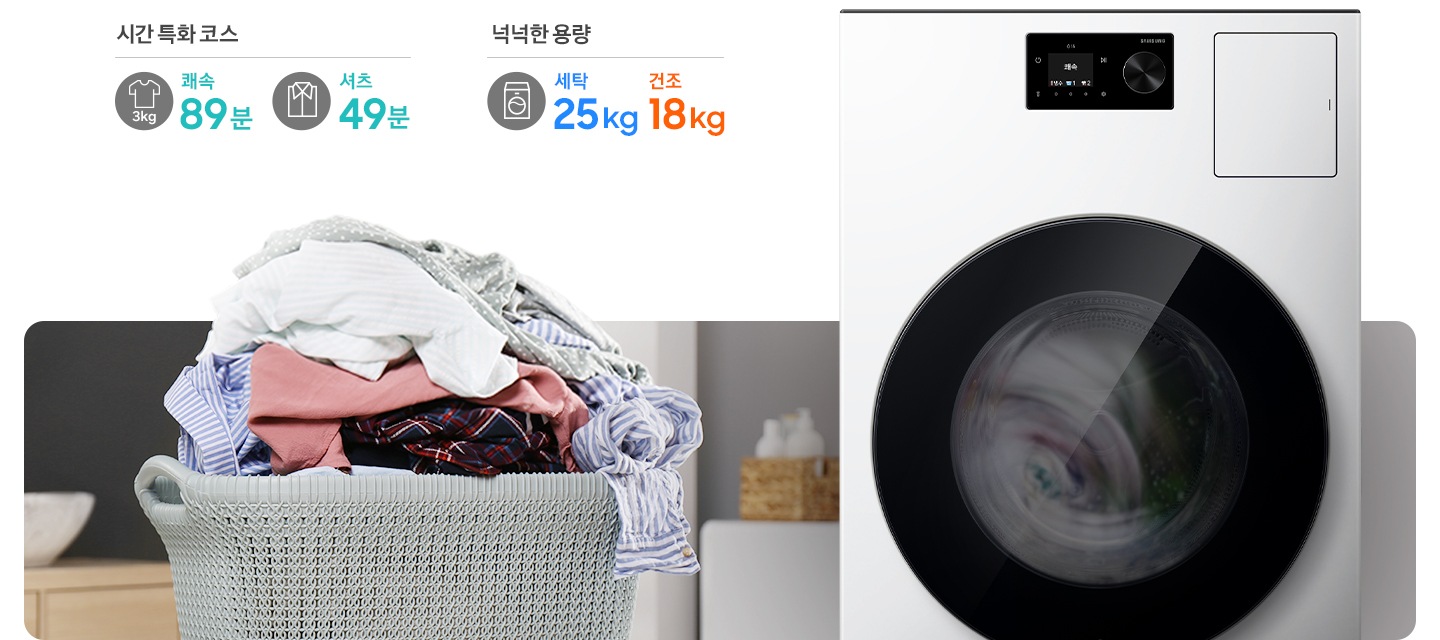 AI 콤보가 작동되고 있는 연출된 제품 이미지가 나와있습니다. 빨래바구니에 빨랫감이 가득 쌓여있는 이미지 위에는 시간 특화 코스-3kg 쾌속 89분 문구와 아이콘, 셔츠 49분 문구와 아이콘, 넉넉한 용량-세탁 25kg, 건조 18kg 문구와 아이콘이 나와있습니다.