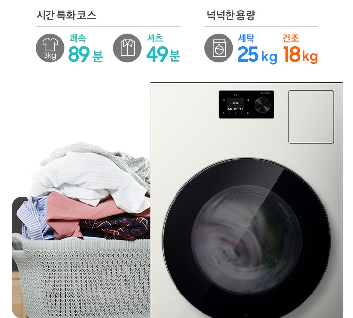 AI 콤보가 작동되고 있는 연출된 제품 이미지가 나와있습니다. 빨래바구니에 빨랫감이 가득 쌓여있는 이미지 위에는 시간 특화 코스-3kg 쾌속 89분 문구와 아이콘, 셔츠 49분 문구와 아이콘, 넉넉한 용량-세탁 25kg, 건조 18kg 문구와 아이콘이 나와있습니다.