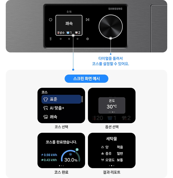 왼쪽에는 다양한 LCD 스크린 이미지 있습니다. 코스 선택 화면 및 텍스트, 옵션 선택 화면 및 텍스트, 코스 완료 화면 및 텍스트, 결과 화면 및 텍스트있습니다. 아래쪽에는 다이얼을 돌려서 코스를 설정할  수 있어요 문구 있습니다. 오른쪽에는 Bespoke AI 콤보 제품 이미지 있습니다.