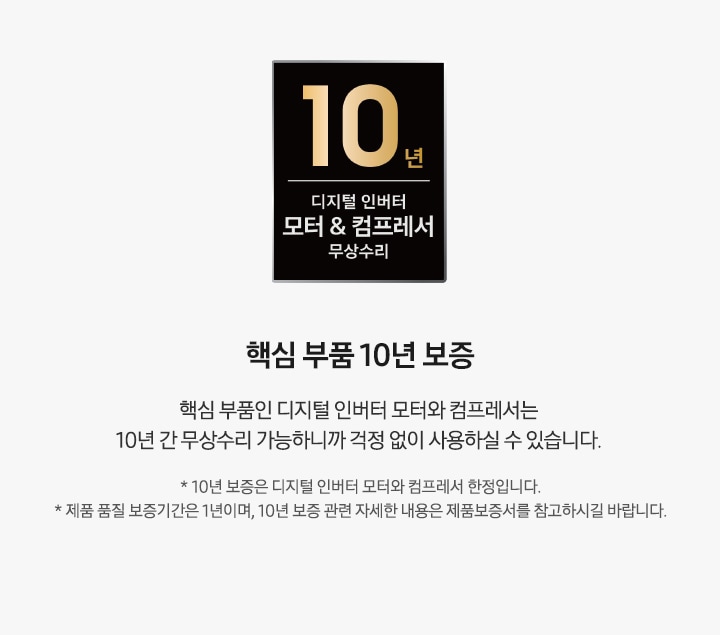 10년 디지털 인버터 모터&컴프레서 무상수리 로고가 좌측에 있습니다. 우측에는 핵심 부품 10년 보증 타이틀과 핵심 부품인 디지털 인버터 모터와 컴프레서는 10년 간 무상수리 가능하니까 걱정 없이 사용하실 수 있습니다. 디스크랩션과 * 10년 보증은 디지털 인버터 모터와 컴프레서 한정입니다. * 제품 품질 보증기간은 1년이며, 10년 보증 관련 자세한 내용은 제품보증서를 참고하시길 바랍니다. 역자막있습니다.