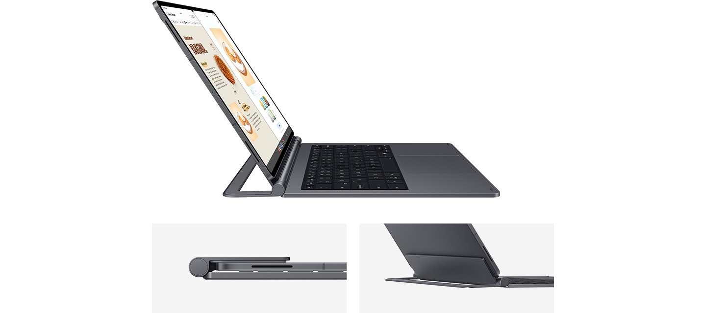 상단 이미지는 갤럭시 탭 S11 울트라에 프로 키보드가 장착된 채로 책상 위에 놓인 측면 모습입니다. 왼쪽 하단 이미지는 탭과 키보드가 장착된 채로 닫혀져 있는 측면 모습이며 오른쪽 하단 이미지는 탭과 키보드가 장착된 채로 열려 있는 후면 모습입니다.