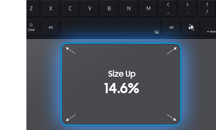 갤럭시 탭 S11 울트라 프로 키보드의 하단 부분(트랙패드 포함)을 위에서 확인한 모습입니다. 트랙패드 크기가 14.6% 커진 점을 강조합니다.