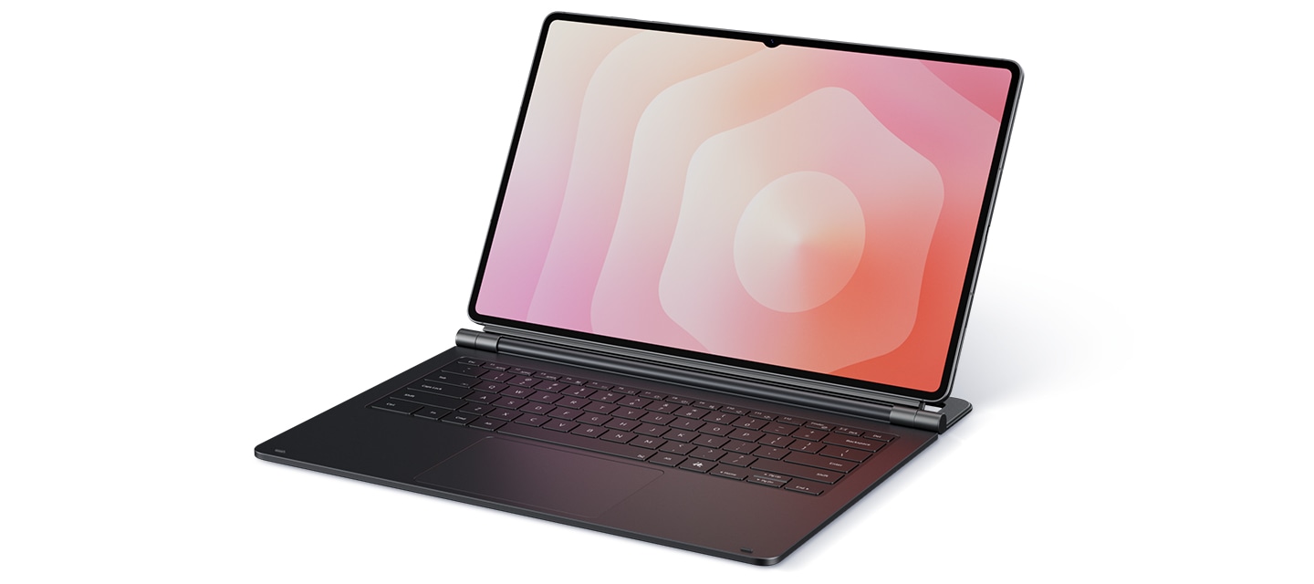 갤럭시 탭 S11 울트라에 장착된 프로 키보드가 아래쪽에 놓여 있습니다. 닫힌 모습이 나타나며 프로 키보드가 열리자 배경화면이 갤럭시 탭 S11 울트라의 화면을 가득 채웁니다.