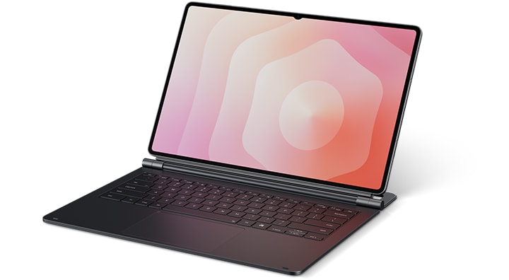 갤럭시 탭 S11 울트라에 장착된 프로 키보드가 아래쪽에 놓여 있습니다. 닫힌 모습이 나타나며 프로 키보드가 열리자 배경화면이 갤럭시 탭 S11 울트라의 화면을 가득 채웁니다.