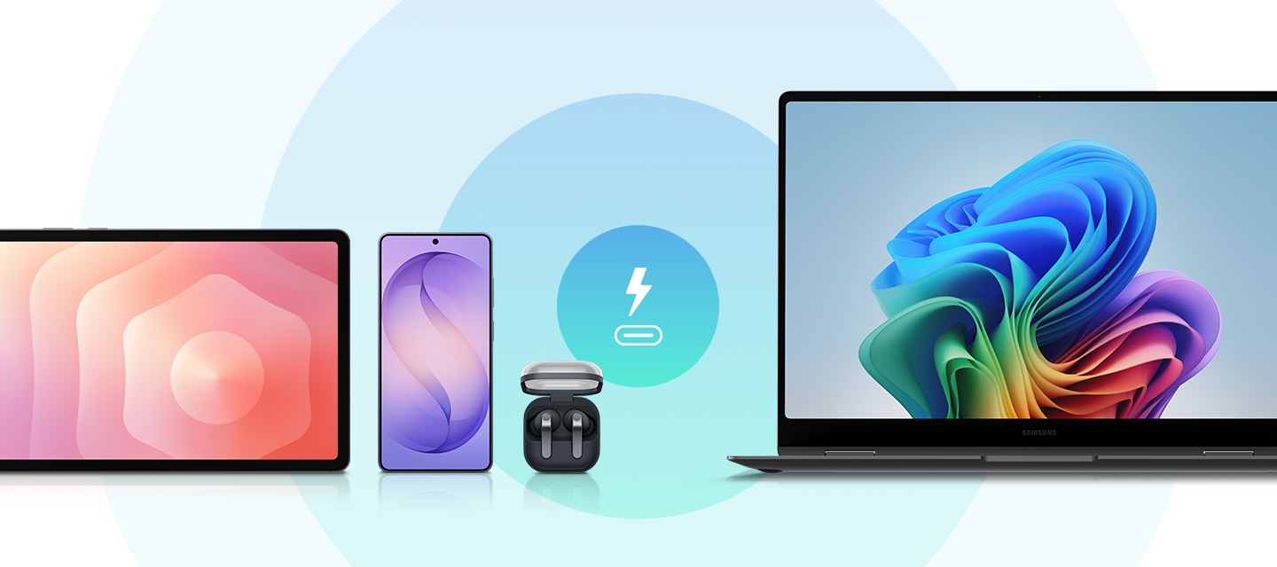 갤럭시 탭, 갤럭시 스마트폰, 갤럭시 버즈, 갤럭시 북이 나란히 배치되어 있습니다. 중앙에는 USB-C 포트 형태의 충전 아이콘이 표시되어 있습니다.