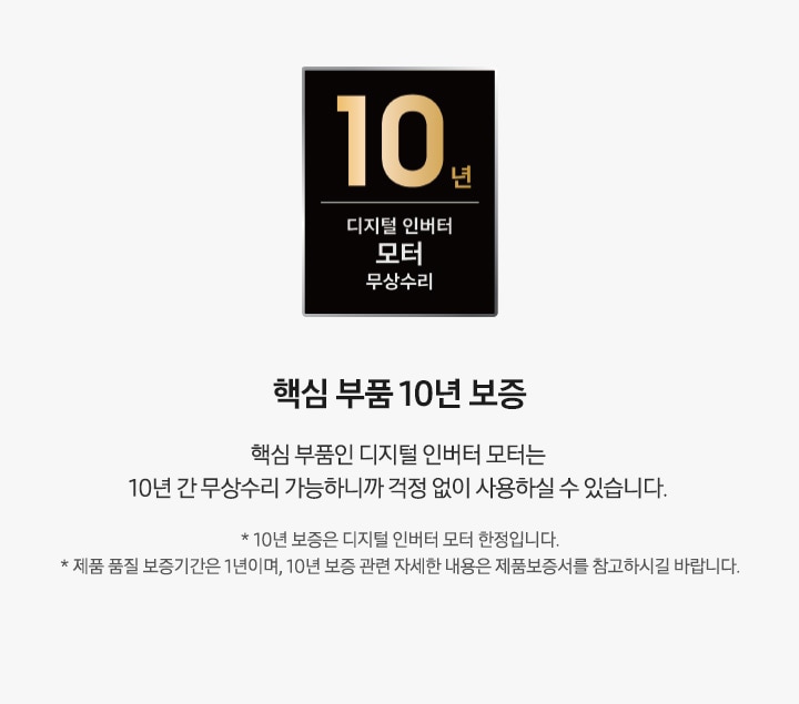 10년 디지털 인버터 모터 무상수리 로고가 좌측에 있습니다. 우측에는 핵심 부품 10년 보증 타이틀과 핵심 부품인 디지털 인버터 모터는 10년 간 무상수리 가능하니까 걱정 없이 사용하실 수 있습니다. 디스크랩션과 * 10년 보증은 디지털 인버터 모터 한정입니다. * 제품 품질 보증기간은 1년이며, 10년 보증 관련 자세한 내용은 제품보증서를 참고하시길 바랍니다. 역자막있습니다.