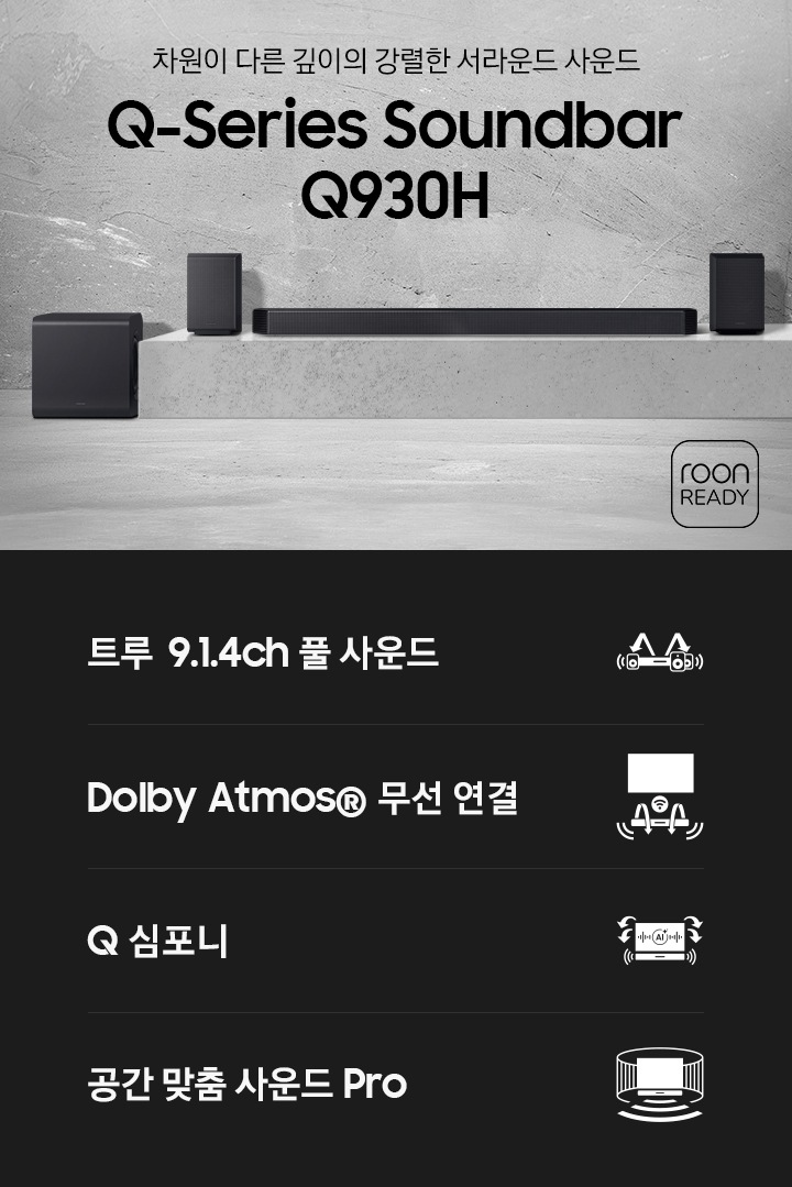 바닥에 사운드바 본체와 서브우퍼, 리어 스피커가 놓여 있습니다. 사운드바와 리어 스피커는 서브우퍼보다 조금 더 높은 곳에 놓여 있습니다. 우측 하단에는 ‘차원이 다른 깊이의 강렬한 서라운드 사운드‘, ‘Q-Series Soundbar Q930H’ 문구가 기재되어 있으며, 문구 옆에는 roon READY 로고가 있습니다. 이미지 하단에는 ‘트루 9.1.4ch 풀 서라운드‘, ‘Dolby Atmos® 무선 연결’, ‘Q 심포니’, ‘공간 맞춤 사운드 Pro’ 문구와 아이콘이 있습니다.