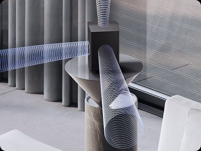 장식장 위에 음향효과가 나오는 무선 리어 스피커가 설치되어 있습니다.