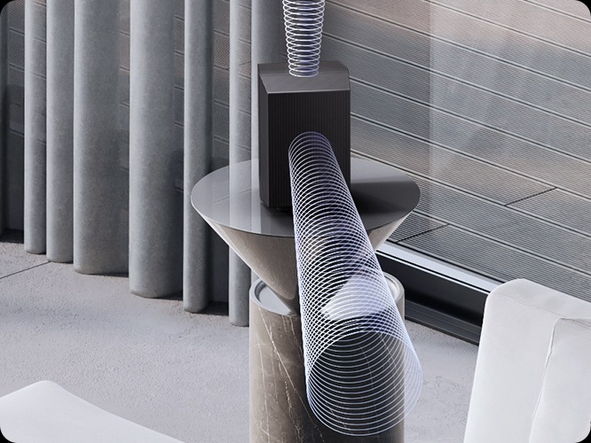 장식장 위에 음향효과가 나오는 무선 리어 스피커가 설치되어 있습니다.