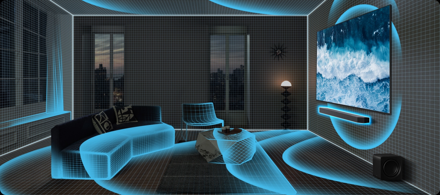 거실 벽에 TV와 사운드바가 설치되어 있으며, 사운드바에서 음향효과가 나와 거실을 덮고 있습니다.